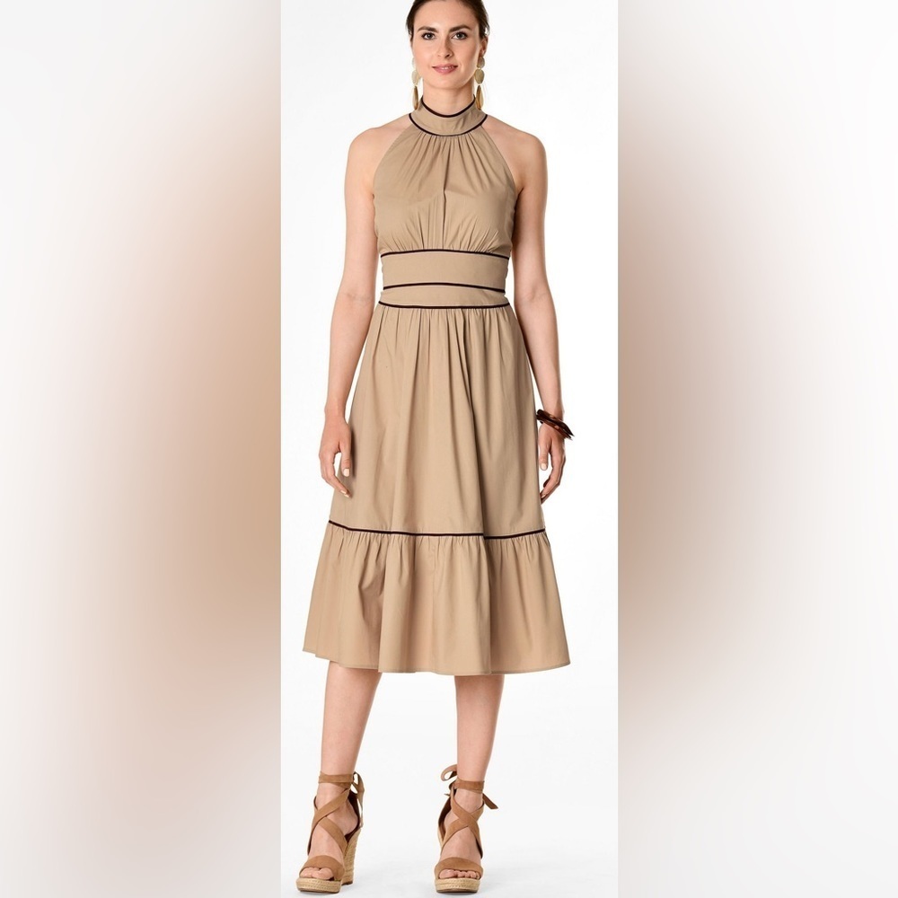Poplin Flounce Halter Dress trimmed w/ brown piping wide banded waist Sz 6 NWOT